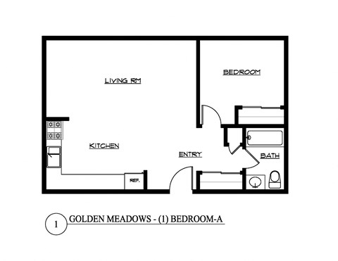 Floor plan for 1 bed, 1 bath, 540 sqft